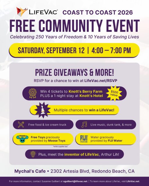 A fun family event is coming to Artesia Boulevard! 🎉

NRBBA is excited to share that @life_vac’s Coast to Coast Tour is making its final stop at @mychalsbakery in North Redondo Beach!

Stop by for an afternoon of:
🎁 Giveaways and prizes, including 4 Knott’s Berry Farm tickets + a one-night stay at Knott’s Hotel
🍦 Free food and an ice cream truck
🎶 Live music
🧸 Free toys from Moose Toys
❤️ A chance to meet LifeVac inventor Arthur Lih as LifeVac celebrates 10 years of saving lives

📍 Mychal’s Café
2302 Artesia Blvd., Redondo Beach

We love seeing our local businesses become gathering places for the whole community. Come out, have some fun, and support a wonderful Artesia Boulevard business while you’re there! 💛
