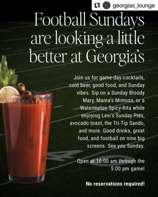 🏈🏈Your Sunday plans just got a little more delicious. 🍾🍕 

Georgia’s is serving up football, delicious Bloody Marys, and good food all day long. We’re keeping it simple with a small selection of beers, wine, and boozy brunch drinks, plus Levi’s pies, avocado toast, and tri-tip sandos! 

Games start at 10:00am! No reservations needed. #georgiaslounge #nrb #the78 #Repost @georgias_lounge with @use.repost
・・・