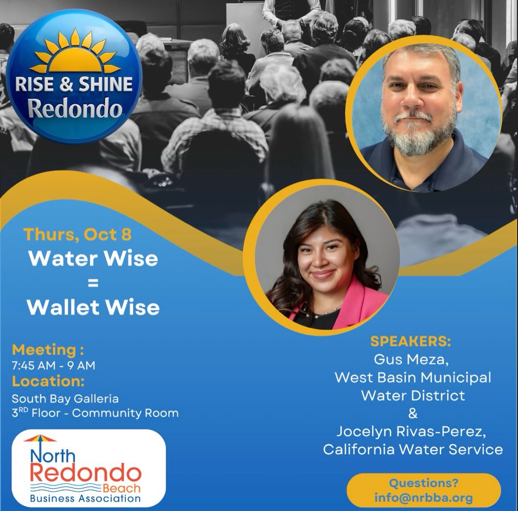 💧 Your water bill called. It wants a rebate. 

Thursday, October 8, Rise & Shine Redondo welcomes Jocelyn Rivas-Perez of Cal Water and Gus Meza of West Basin Municipal Water District for a practical morning on rebates & water conservation tips waiting for your homes or businesses or both!

Join us for coffee ☕️ and connecting 🤝and leave with a clear pathway for saving money and water. Bring a neighbor, meet a business owner, and start the day with the people who make this corridor shine. 

📅 Thursday, October 8
⏰ 7:45 to 9:00 AM
📍 South Bay Galleria Community Room, Level 3, near AMC

Free to attend. RSVP at info@nrbba.org

#RiseAndShineRedondo #NorthRedondoBeach #NRBBA #WaterConservation #communityandcommerce
