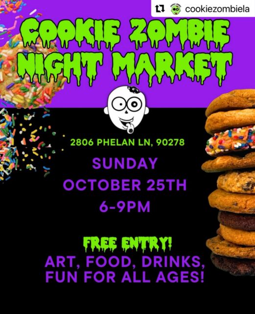 🎃🎃🎃🎃
🧟‍♀️COOKIE ZOMBIE NIGHT MARKET! Next Sunday, October 25 from 6-9pm.
🍪🍦👻Vendors, cookies, food, fun! All free! Bring the fam and friends for spooky season fun! 

🎪 Wanna be a vendor? We have a couple spots left! DM or email us: cookieoutbreak@gmail.com

#spookyseason #halloweeninLA #LAevents #losangelesevents losangeles